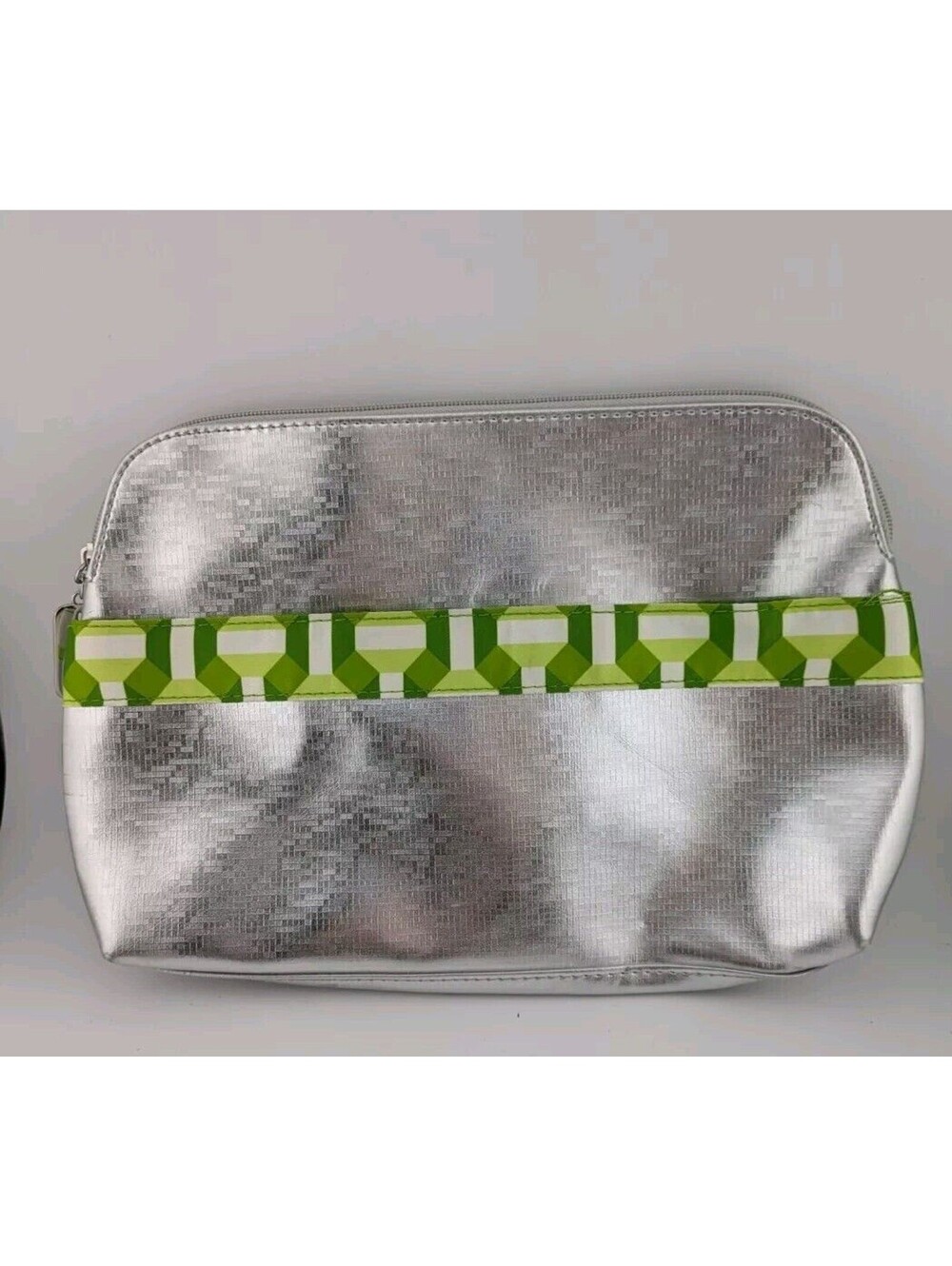 Clinique Makeup Bag Metallic Silver Green Lining Large Y2k 7x11"